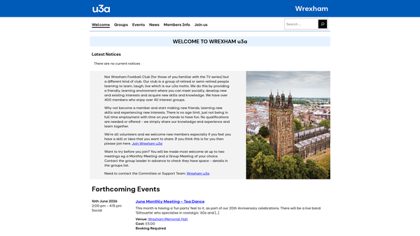 Screenshot of the Wrexham U3A website
