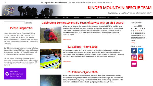 Screenshot of the Kinder Mountain Rescue Team website