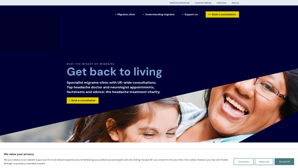 Screenshot of the National Migraine Centre website