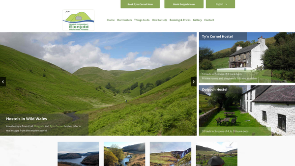 Screenshot of the Elenydd Wilderness Hostels website