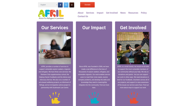 Screenshot of the Action For Refugees In Lewisham website