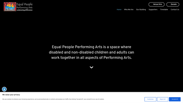 Screenshot of the Equal People Performing Arts website