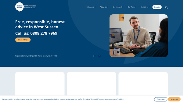 Screenshot of the Citizens Advice In West Sussex (North, South, East) website