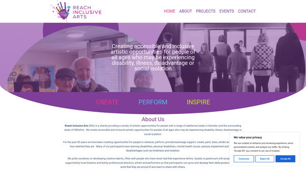 Screenshot of the Reach Inclusive Arts website