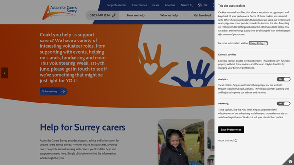 Screenshot of the Action For Carers (Surrey) website