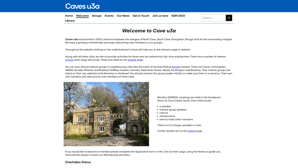 Screenshot of the Caves University Of The Third Age website