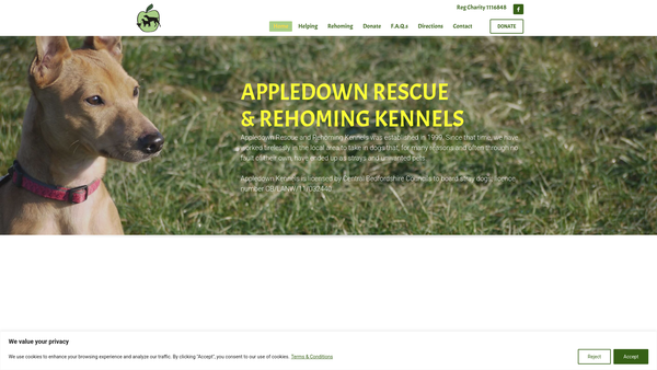 Screenshot of the Appledown Rescue And Rehoming Kennels website