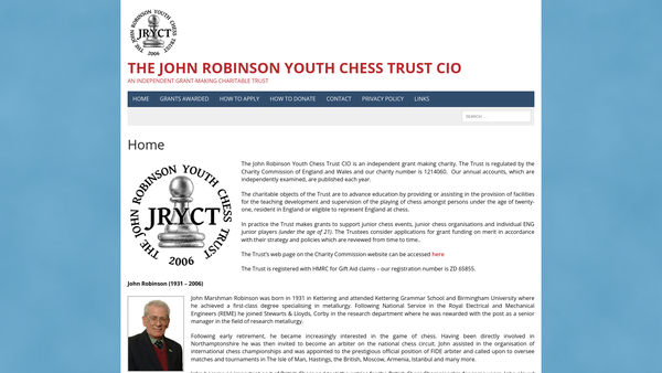 Screenshot of the The John Robinson Youth Chess Trust website