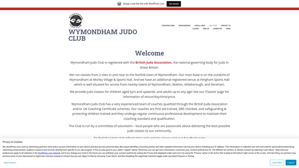 Screenshot of the Wymondham Judo Club website