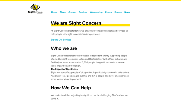 Screenshot of the Sight Concern Bedfordshire website