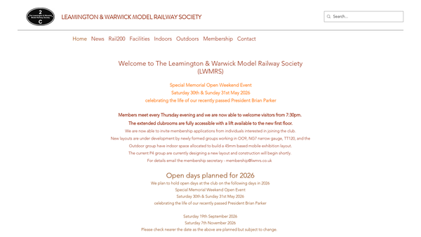 Screenshot of the The Leamington & Warwick Model Railway Society website