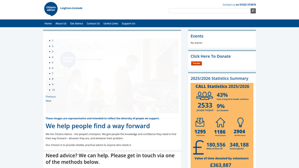 Screenshot of the Leighton Linslade And District Citizens Advice Bureau website
