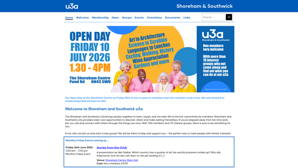 Screenshot of the Shoreham & Southwick U3A website