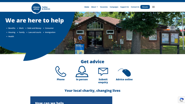 Screenshot of the Tadley And District Citizens Advice Bureau website