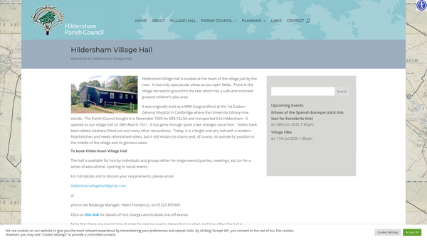Screenshot of the Hildersham Village Hall Trust website
