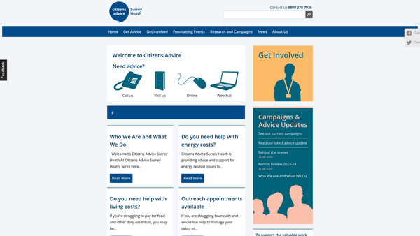 Screenshot of the Citizens Advice Surrey Heath website
