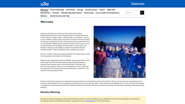 Screenshot of the Dukeries Third Age Group (U3A) website