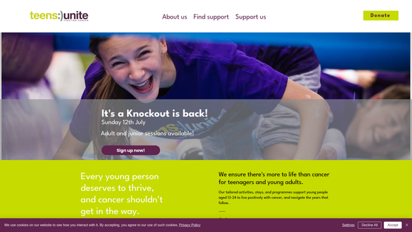 Screenshot of the Teens Unite Fighting Cancer website