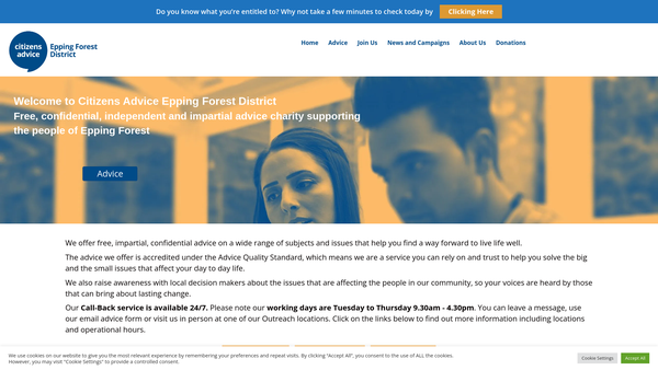 Screenshot of the Epping Forest District Citizens Advice Bureau website