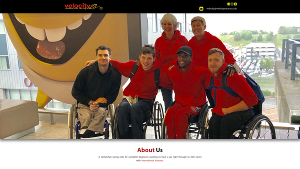 Screenshot of the Velocity Wheelchair Racing Club website