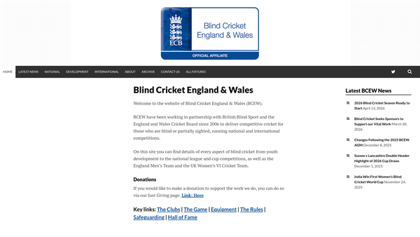 Screenshot of the Blind Cricket England And Wales (Bcew) website