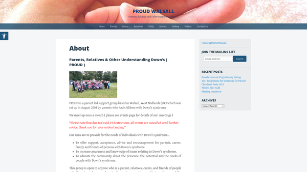 Screenshot of the Parents Relatives And Others Understanding Down's (Proud) website