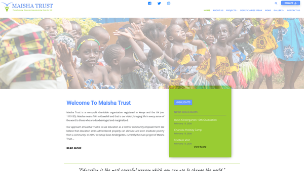 Screenshot of the Maisha Trust website
