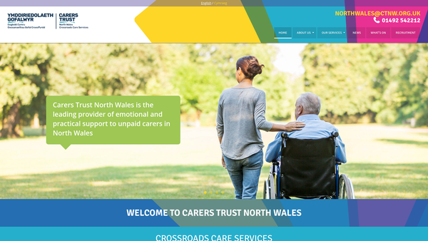 Screenshot of the Ymddiriedolaeth Gofalwyr Gogledd Cymru – Gwasanaethau Gofal Croesffyrdd Carers Trust North Wales – Crossroads Care Services website