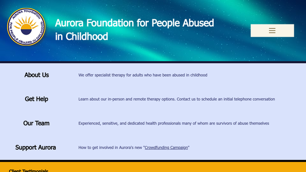 Screenshot of the Aurora Foundation For People Abused In Childhood website