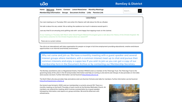 Screenshot of the Romiley And District U3A website