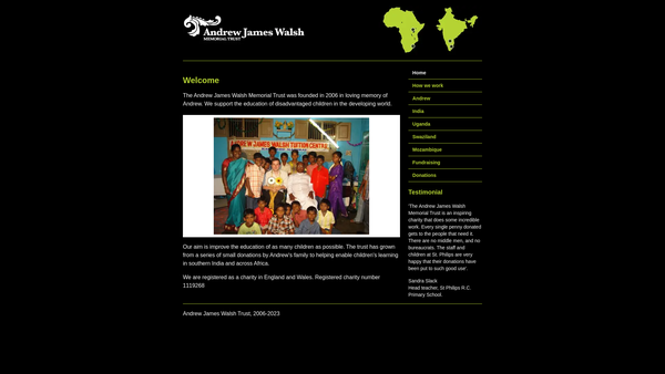 Screenshot of the Andrew James Walsh Memorial Trust website