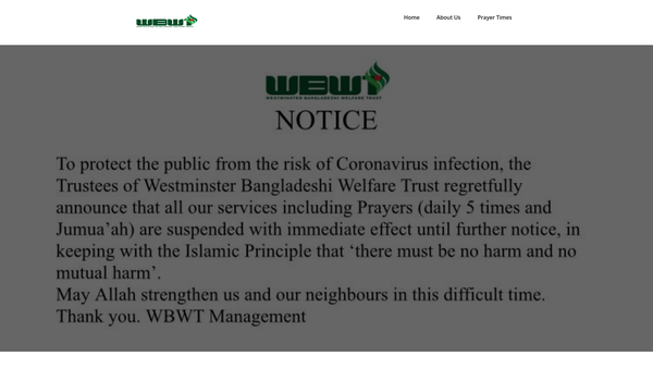 Screenshot of the Westminster Bangladeshi Welfare Trust (Wbwt) website