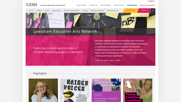 Screenshot of the Lewisham Education Arts Network (Lean) website