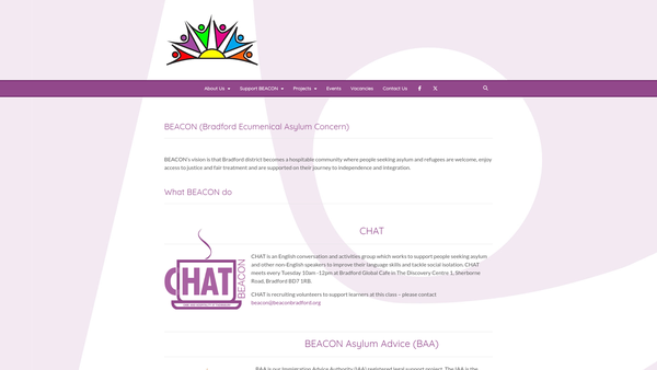 Screenshot of the Beacon (Bradford Ecumenical Asylum Concern) website
