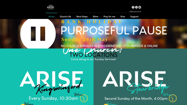 Screenshot of the Arise Church website