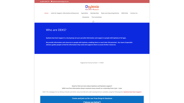 Screenshot of the Dyslexia East Kent Support (Deks) website