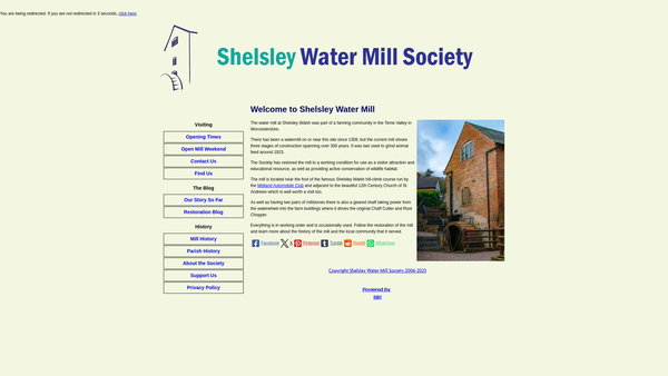 Screenshot of the The Shelsley Watermill Society website