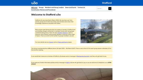 Screenshot of the Stafford University Of The Third Age (U3A) website