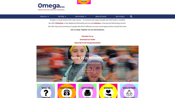 Screenshot of the Omega – Ending Isolation, Ending Loneliness Ltd website