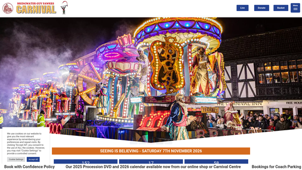 Screenshot of the Bridgwater Guy Fawkes Carnival Limited website