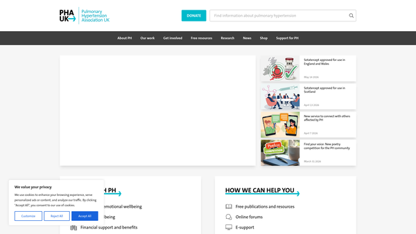 Screenshot of the Pulmonary Hypertension Association UK website