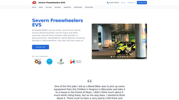 Screenshot of the Severn Freewheelers Emergency Voluntary Service website