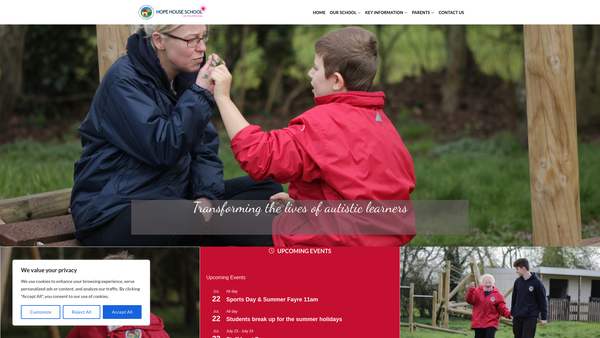 Screenshot of the Hope House School Limited website