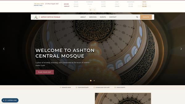 Screenshot of the Ashton Central Mosque Charitable Trust website