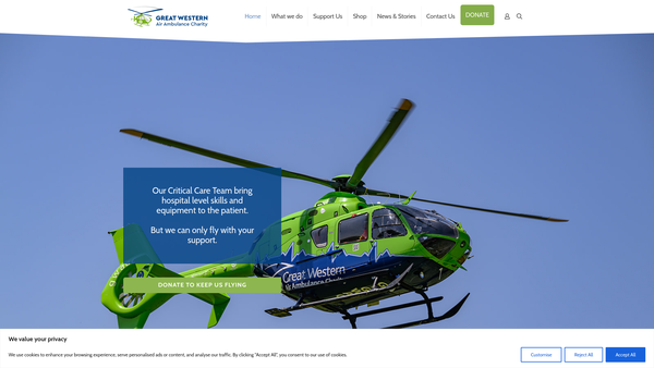 Screenshot of the Great Western Air Ambulance Charity website