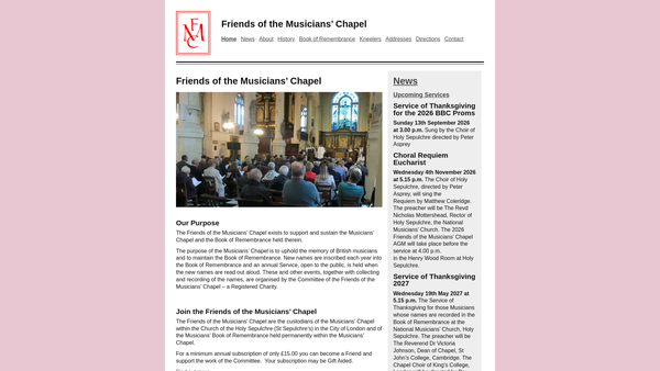 Screenshot of the Friends Of The Musicians Chapel website