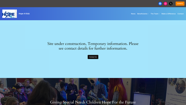 Screenshot of the Hope 4 Kidz website