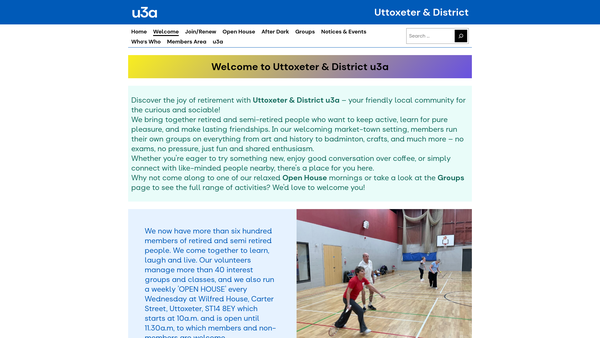 Screenshot of the Uttoxeter & District U3A website