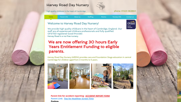 Screenshot of the Harvey Road Day Nursery Limited website