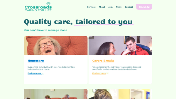 Screenshot of the Crossroads Caring For Life Ltd website